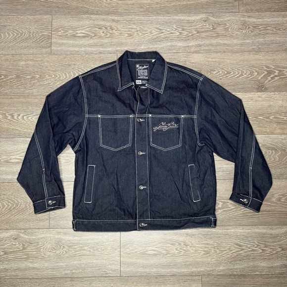 Vintage Karl Kani Jeans Jacket Mens 2XL Blue Trucker Hip Hop Rap Dark Blue Y2K - Picture 1 of 6